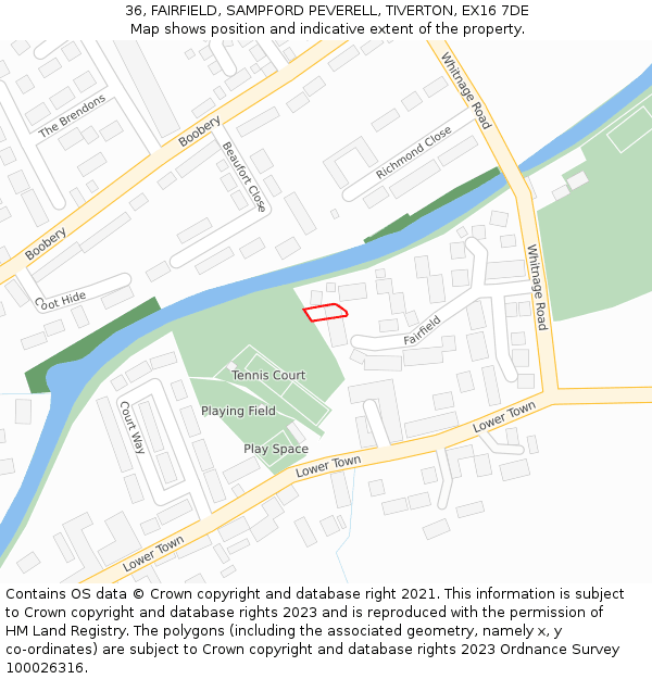 36, FAIRFIELD, SAMPFORD PEVERELL, TIVERTON, EX16 7DE: Location map and indicative extent of plot