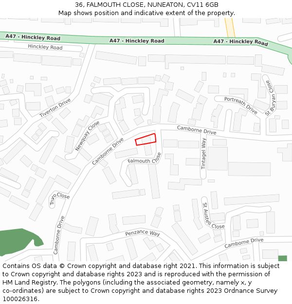 36, FALMOUTH CLOSE, NUNEATON, CV11 6GB: Location map and indicative extent of plot