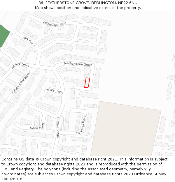 36, FEATHERSTONE GROVE, BEDLINGTON, NE22 6NU: Location map and indicative extent of plot