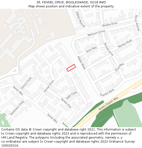 36, FENNEL DRIVE, BIGGLESWADE, SG18 8WD: Location map and indicative extent of plot