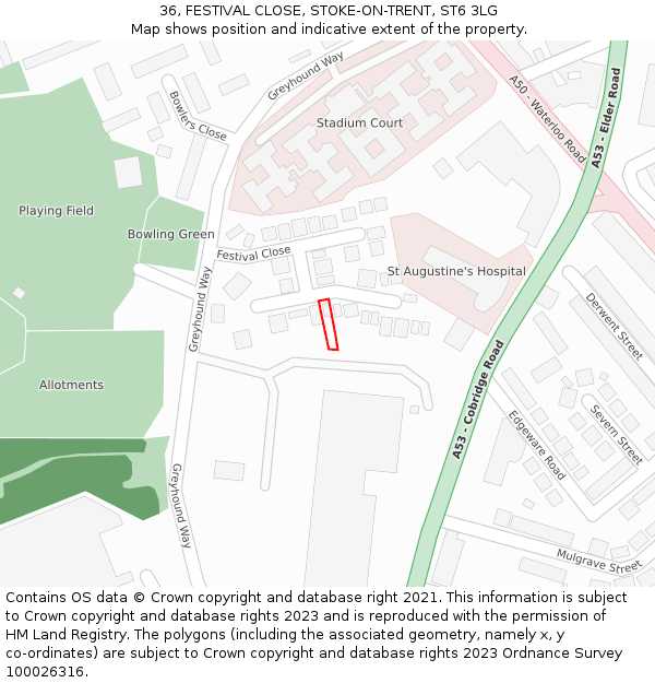 36, FESTIVAL CLOSE, STOKE-ON-TRENT, ST6 3LG: Location map and indicative extent of plot