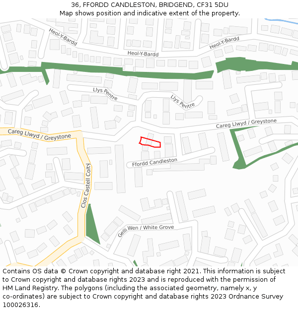 36, FFORDD CANDLESTON, BRIDGEND, CF31 5DU: Location map and indicative extent of plot