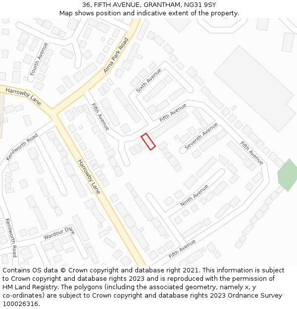 36, FIFTH AVENUE, GRANTHAM, NG31 9SY: Location map and indicative extent of plot