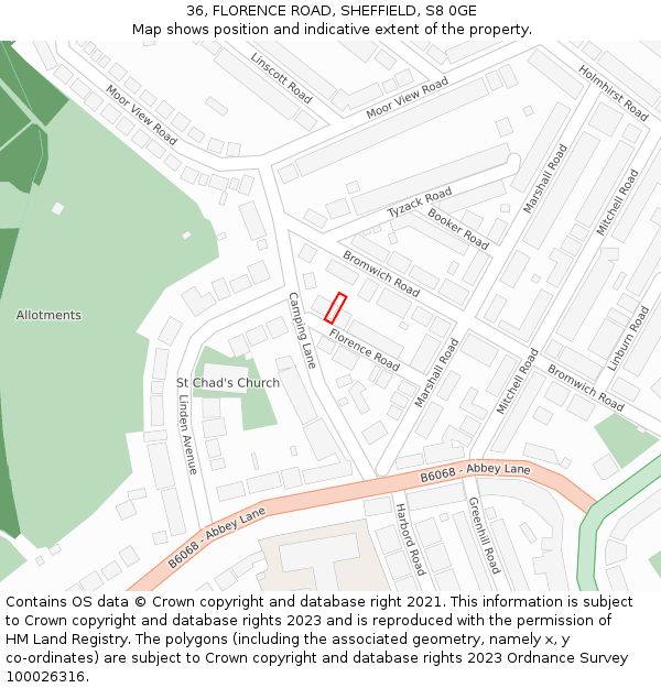 36, FLORENCE ROAD, SHEFFIELD, S8 0GE: Location map and indicative extent of plot