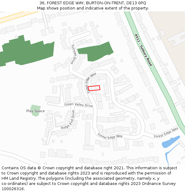 36, FOREST EDGE WAY, BURTON-ON-TRENT, DE13 0PQ: Location map and indicative extent of plot