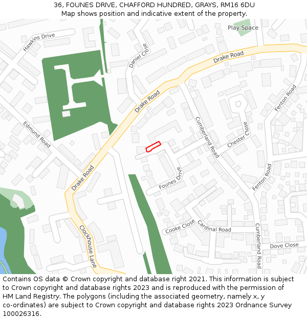 36, FOUNES DRIVE, CHAFFORD HUNDRED, GRAYS, RM16 6DU: Location map and indicative extent of plot