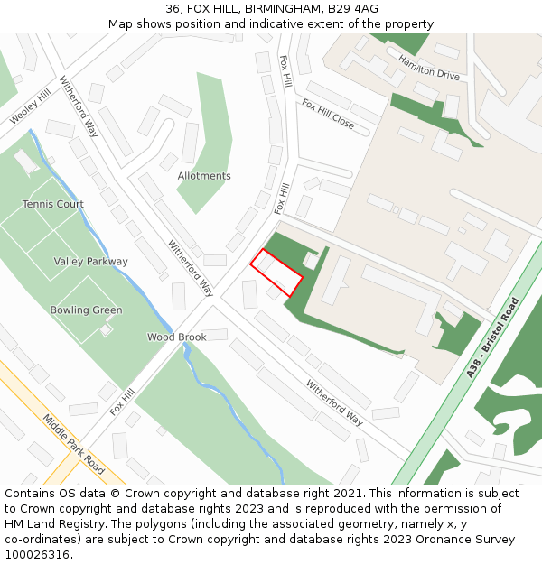 36, FOX HILL, BIRMINGHAM, B29 4AG: Location map and indicative extent of plot