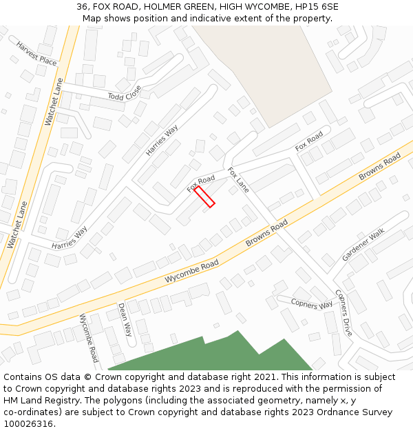 36, FOX ROAD, HOLMER GREEN, HIGH WYCOMBE, HP15 6SE: Location map and indicative extent of plot