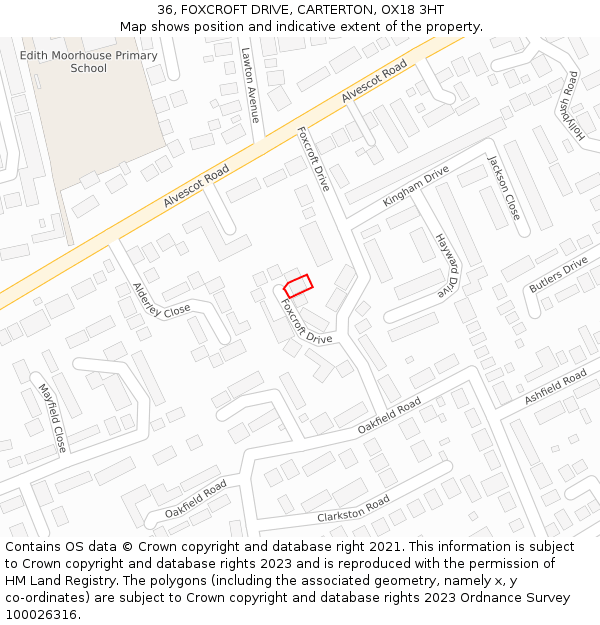 36, FOXCROFT DRIVE, CARTERTON, OX18 3HT: Location map and indicative extent of plot