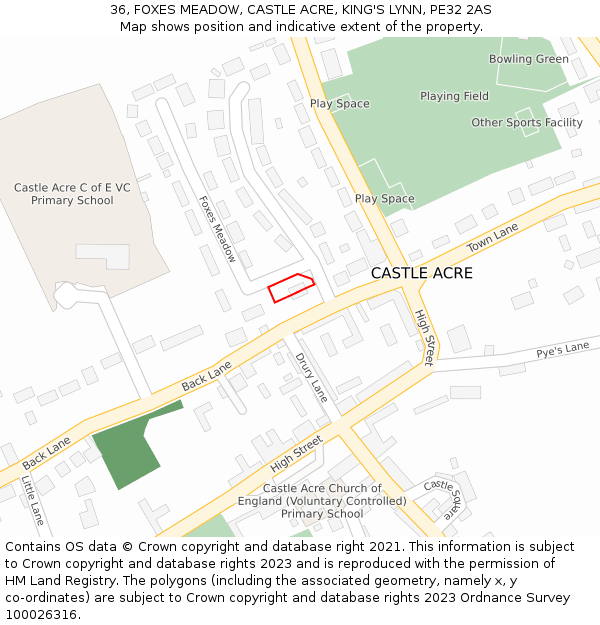 36, FOXES MEADOW, CASTLE ACRE, KING'S LYNN, PE32 2AS: Location map and indicative extent of plot