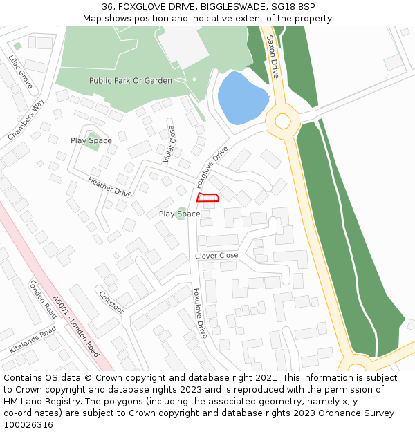 36, FOXGLOVE DRIVE, BIGGLESWADE, SG18 8SP: Location map and indicative extent of plot