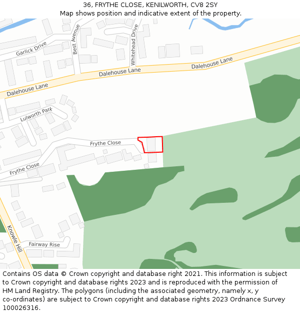 36, FRYTHE CLOSE, KENILWORTH, CV8 2SY: Location map and indicative extent of plot