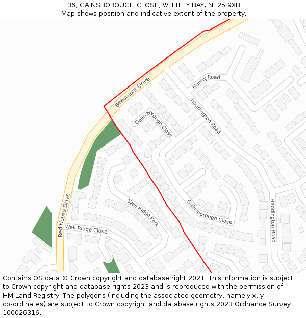 36, GAINSBOROUGH CLOSE, WHITLEY BAY, NE25 9XB: Location map and indicative extent of plot