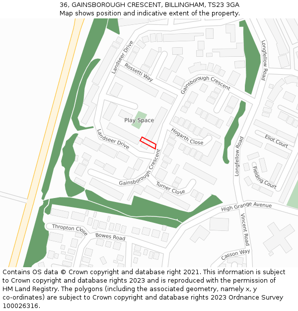 36, GAINSBOROUGH CRESCENT, BILLINGHAM, TS23 3GA: Location map and indicative extent of plot