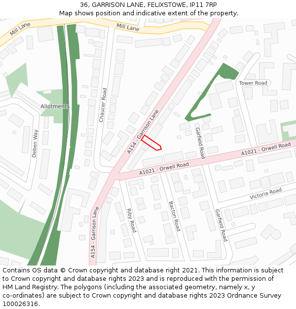 36, GARRISON LANE, FELIXSTOWE, IP11 7RP: Location map and indicative extent of plot