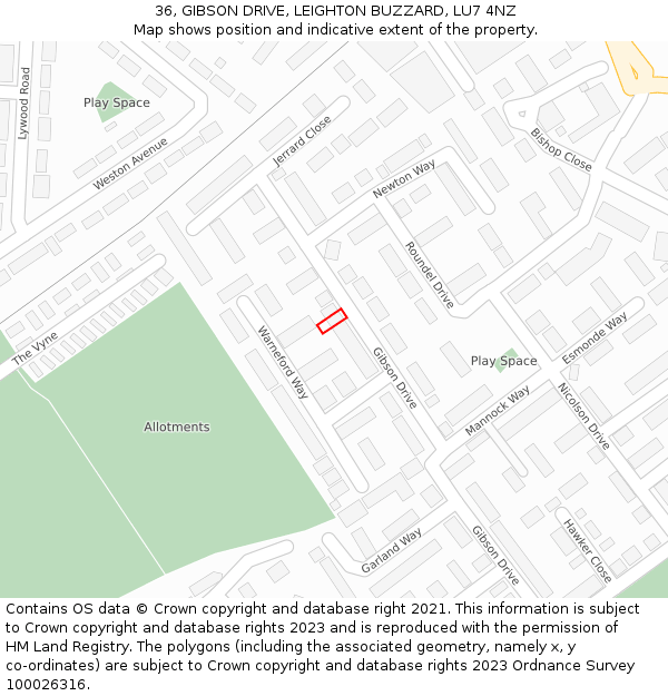 36, GIBSON DRIVE, LEIGHTON BUZZARD, LU7 4NZ: Location map and indicative extent of plot