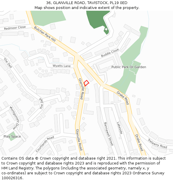 36, GLANVILLE ROAD, TAVISTOCK, PL19 0ED: Location map and indicative extent of plot