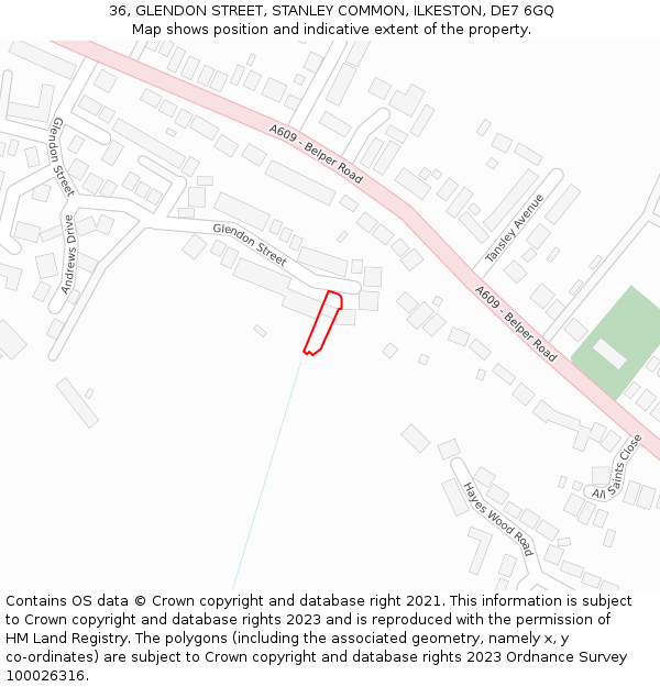 36, GLENDON STREET, STANLEY COMMON, ILKESTON, DE7 6GQ: Location map and indicative extent of plot