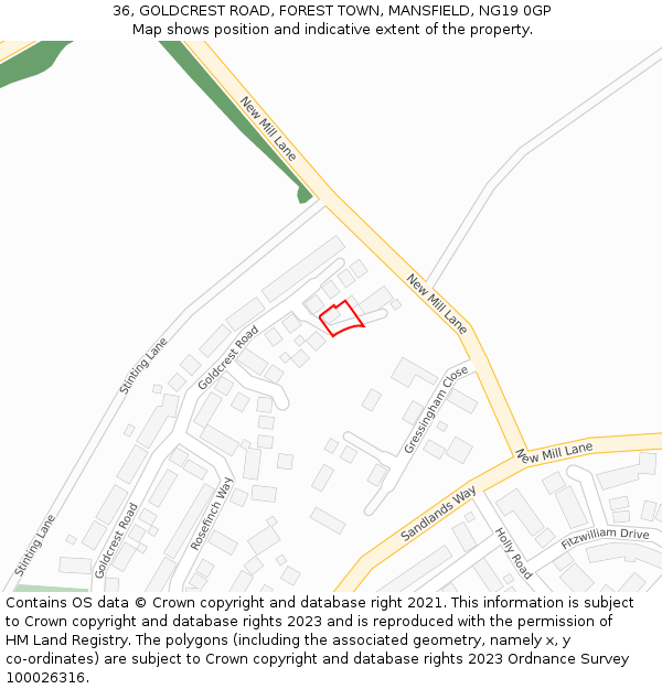 36, GOLDCREST ROAD, FOREST TOWN, MANSFIELD, NG19 0GP: Location map and indicative extent of plot