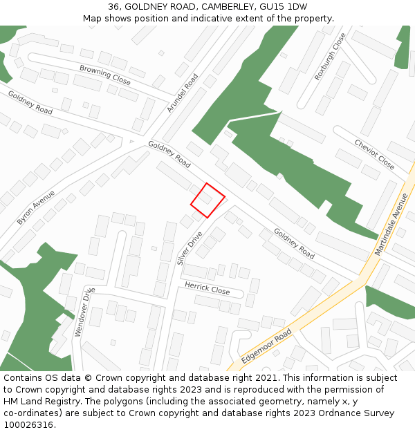 36, GOLDNEY ROAD, CAMBERLEY, GU15 1DW: Location map and indicative extent of plot