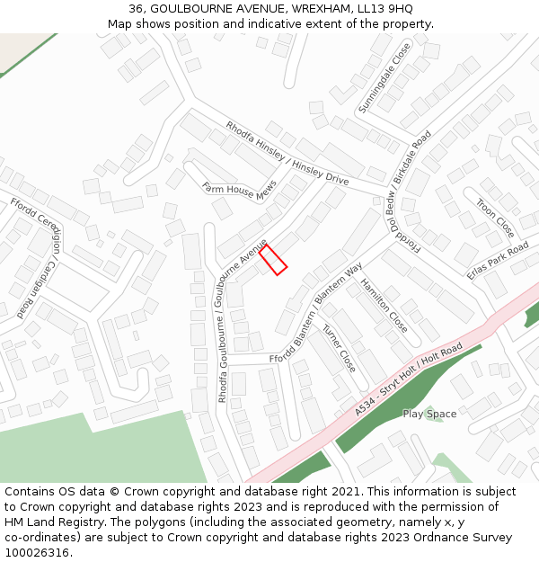 36, GOULBOURNE AVENUE, WREXHAM, LL13 9HQ: Location map and indicative extent of plot