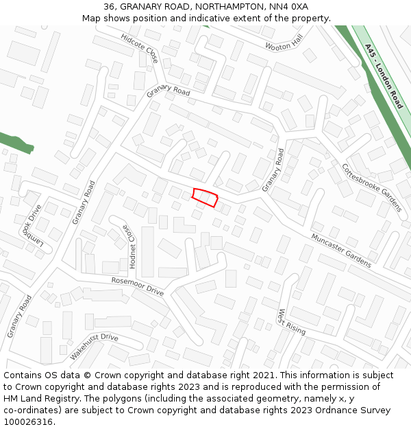 36, GRANARY ROAD, NORTHAMPTON, NN4 0XA: Location map and indicative extent of plot
