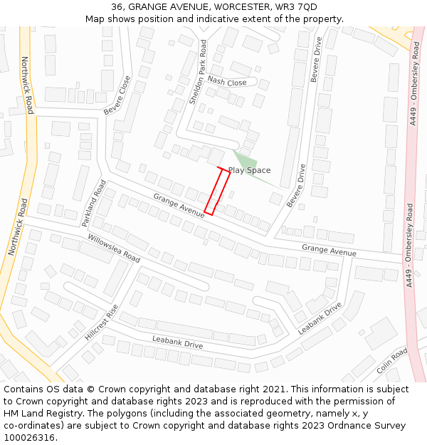36, GRANGE AVENUE, WORCESTER, WR3 7QD: Location map and indicative extent of plot
