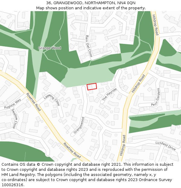 36, GRANGEWOOD, NORTHAMPTON, NN4 0QN: Location map and indicative extent of plot