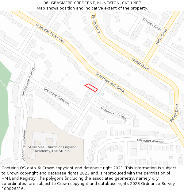 36, GRASMERE CRESCENT, NUNEATON, CV11 6EB: Location map and indicative extent of plot