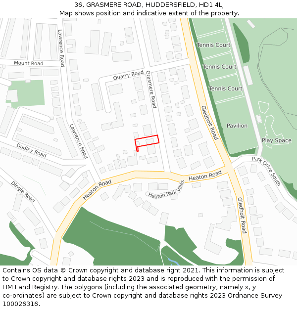 36, GRASMERE ROAD, HUDDERSFIELD, HD1 4LJ: Location map and indicative extent of plot