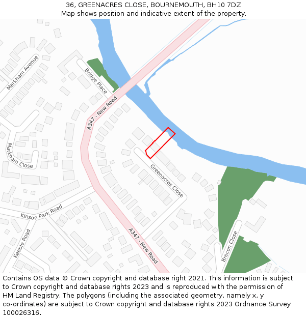 36, GREENACRES CLOSE, BOURNEMOUTH, BH10 7DZ: Location map and indicative extent of plot