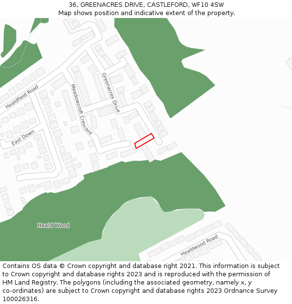 36, GREENACRES DRIVE, CASTLEFORD, WF10 4SW: Location map and indicative extent of plot