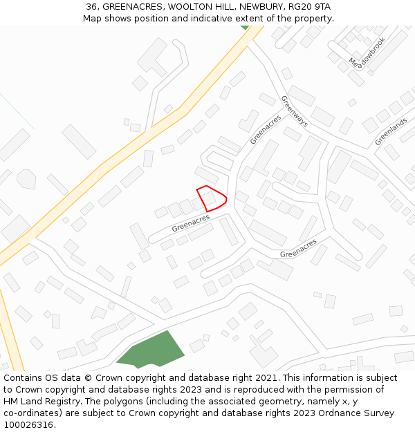 36, GREENACRES, WOOLTON HILL, NEWBURY, RG20 9TA: Location map and indicative extent of plot