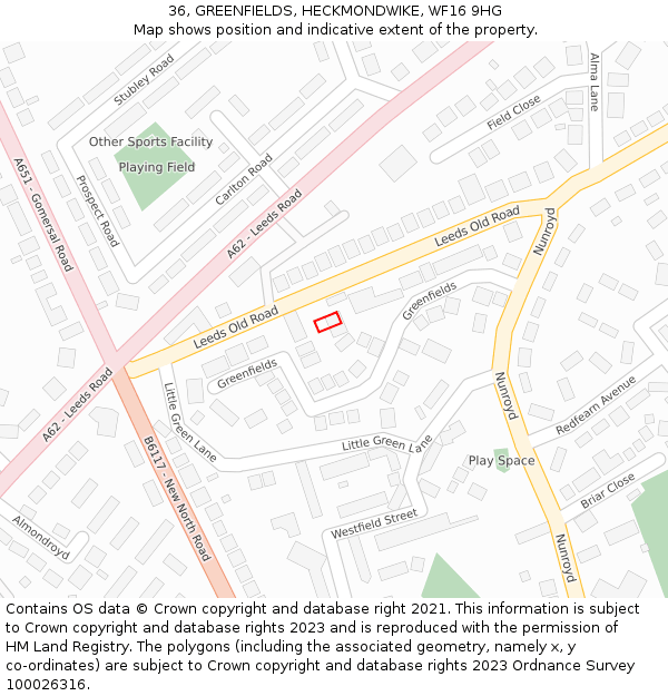 36, GREENFIELDS, HECKMONDWIKE, WF16 9HG: Location map and indicative extent of plot