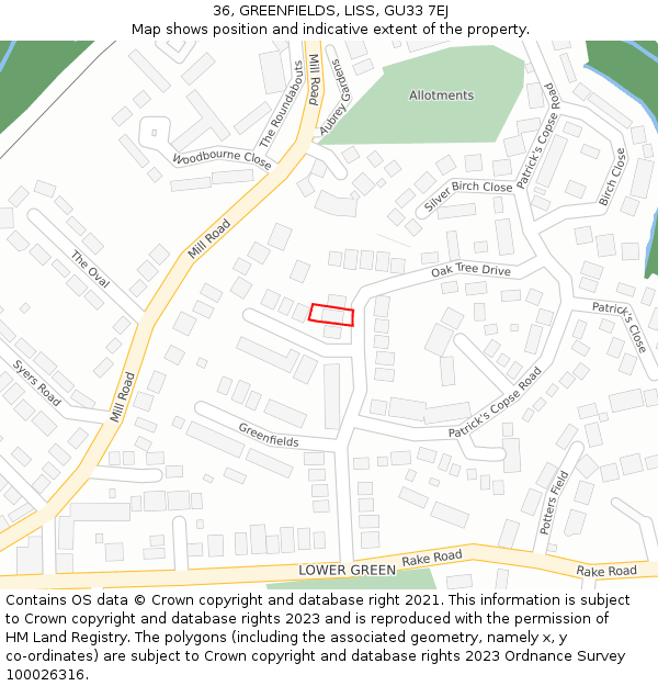 36, GREENFIELDS, LISS, GU33 7EJ: Location map and indicative extent of plot