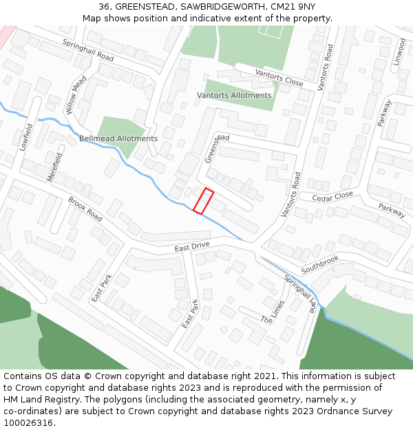 36, GREENSTEAD, SAWBRIDGEWORTH, CM21 9NY: Location map and indicative extent of plot