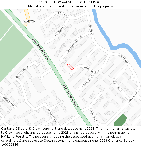 36, GREENWAY AVENUE, STONE, ST15 0ER: Location map and indicative extent of plot