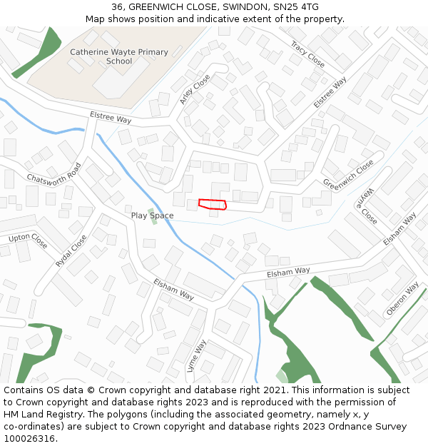 36, GREENWICH CLOSE, SWINDON, SN25 4TG: Location map and indicative extent of plot