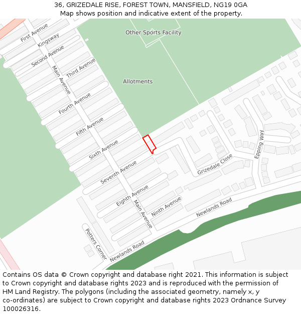 36, GRIZEDALE RISE, FOREST TOWN, MANSFIELD, NG19 0GA: Location map and indicative extent of plot