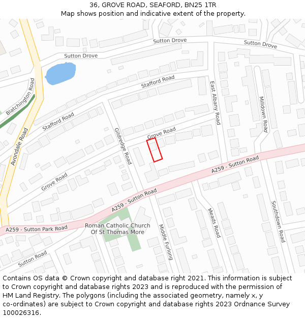 36, GROVE ROAD, SEAFORD, BN25 1TR: Location map and indicative extent of plot