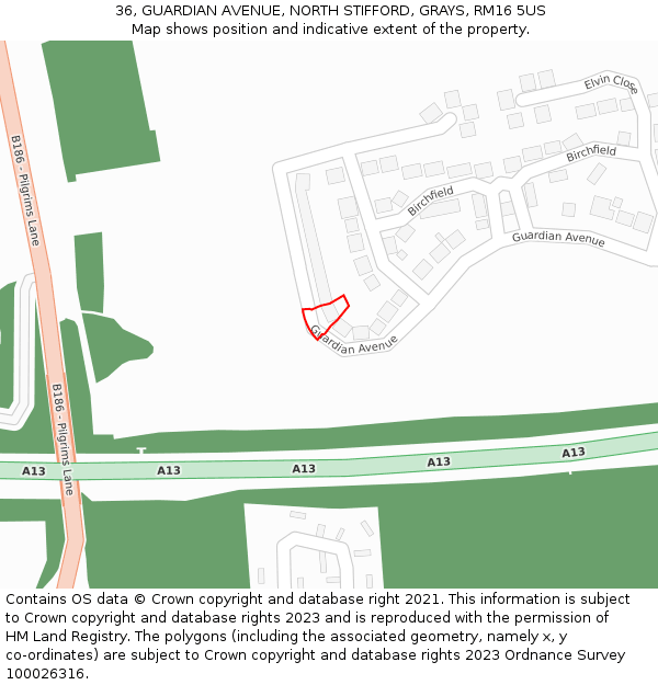 36, GUARDIAN AVENUE, NORTH STIFFORD, GRAYS, RM16 5US: Location map and indicative extent of plot