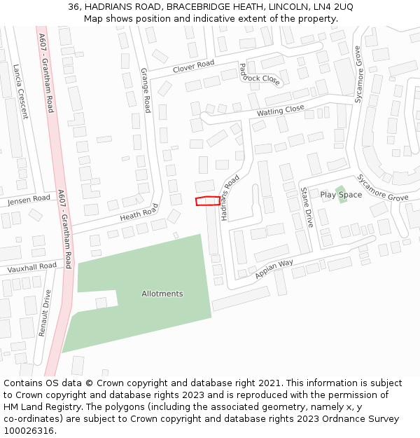 36, HADRIANS ROAD, BRACEBRIDGE HEATH, LINCOLN, LN4 2UQ: Location map and indicative extent of plot