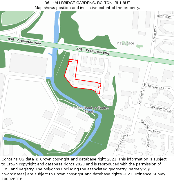 36, HALLBRIDGE GARDENS, BOLTON, BL1 8UT: Location map and indicative extent of plot