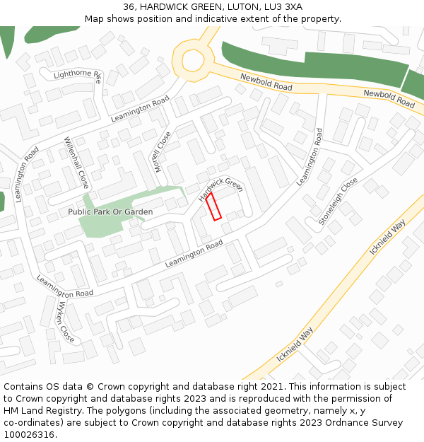 36, HARDWICK GREEN, LUTON, LU3 3XA: Location map and indicative extent of plot