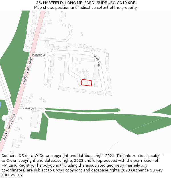 36, HAREFIELD, LONG MELFORD, SUDBURY, CO10 9DE: Location map and indicative extent of plot