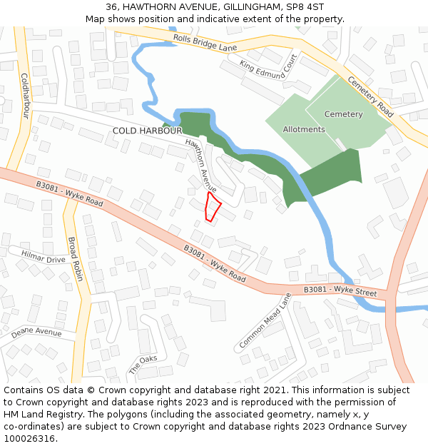 36, HAWTHORN AVENUE, GILLINGHAM, SP8 4ST: Location map and indicative extent of plot