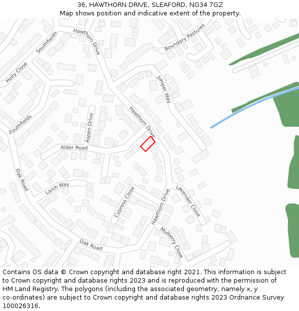 36, HAWTHORN DRIVE, SLEAFORD, NG34 7GZ: Location map and indicative extent of plot