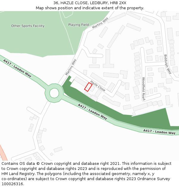 36, HAZLE CLOSE, LEDBURY, HR8 2XX: Location map and indicative extent of plot