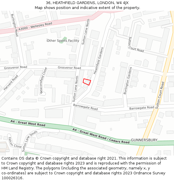 36, HEATHFIELD GARDENS, LONDON, W4 4JX: Location map and indicative extent of plot