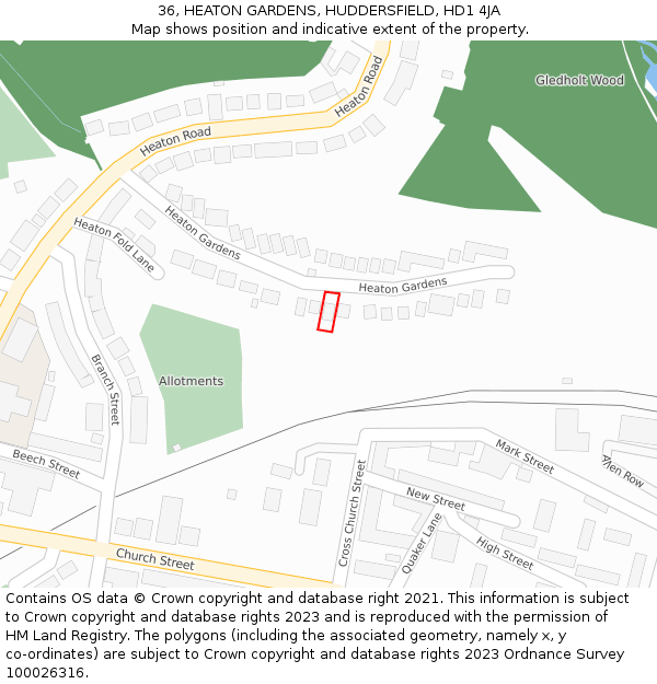 36, HEATON GARDENS, HUDDERSFIELD, HD1 4JA: Location map and indicative extent of plot